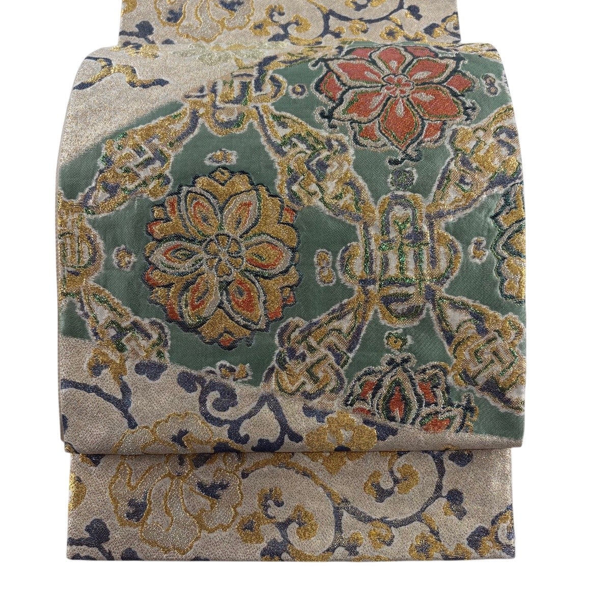 美品】 袋帯 秀品 華文 花唐草 金糸 刺繍 クリーム 六通 正絹｜中古