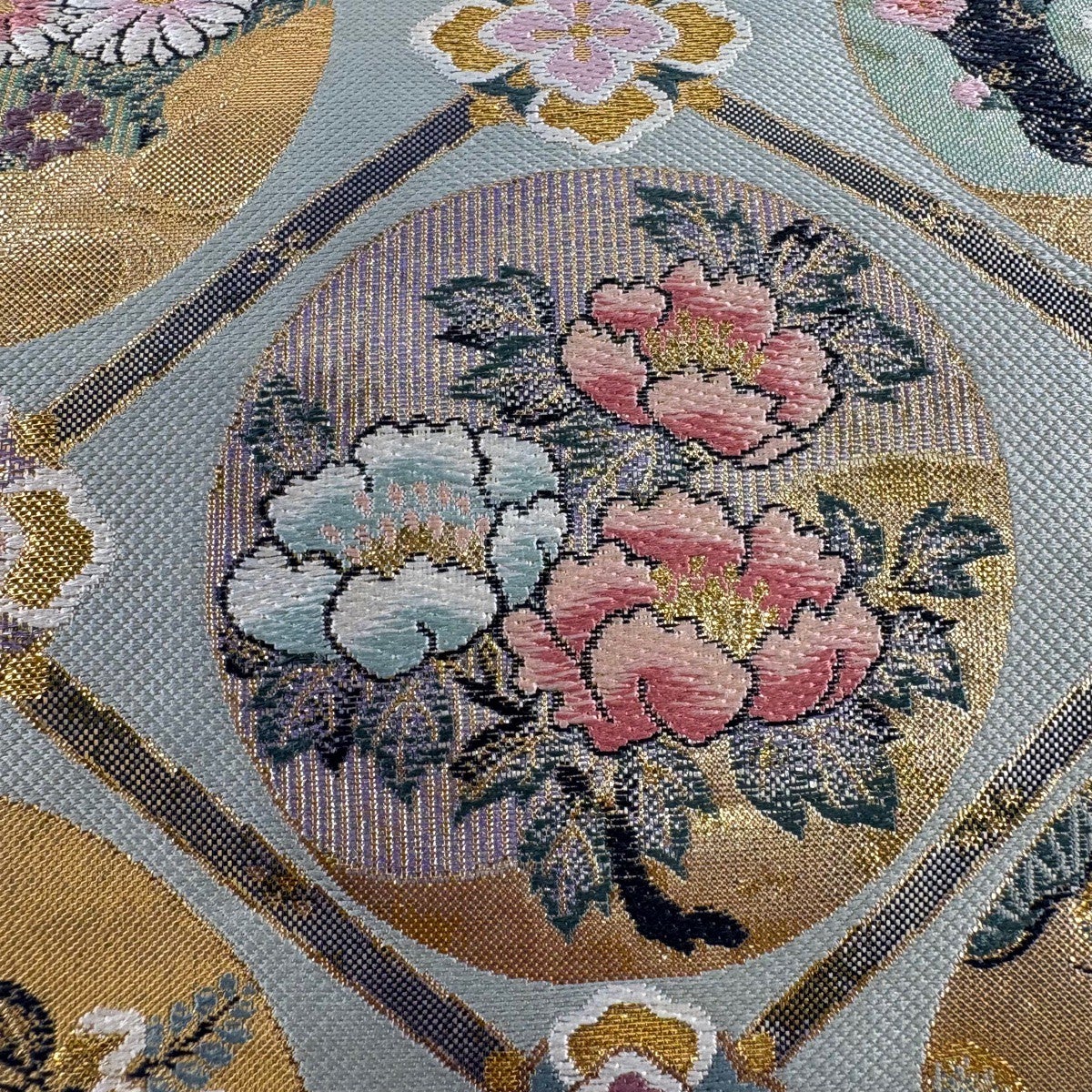 袋帯 秀品 格天井 草花 箔 金糸 青灰色 正絹｜中古・古着・リサイクル