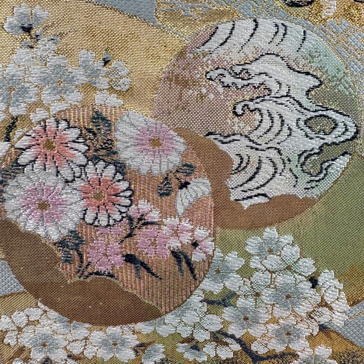 袋帯 秀品 格天井 草花 箔 金糸 青灰色 正絹｜中古・古着・リサイクル