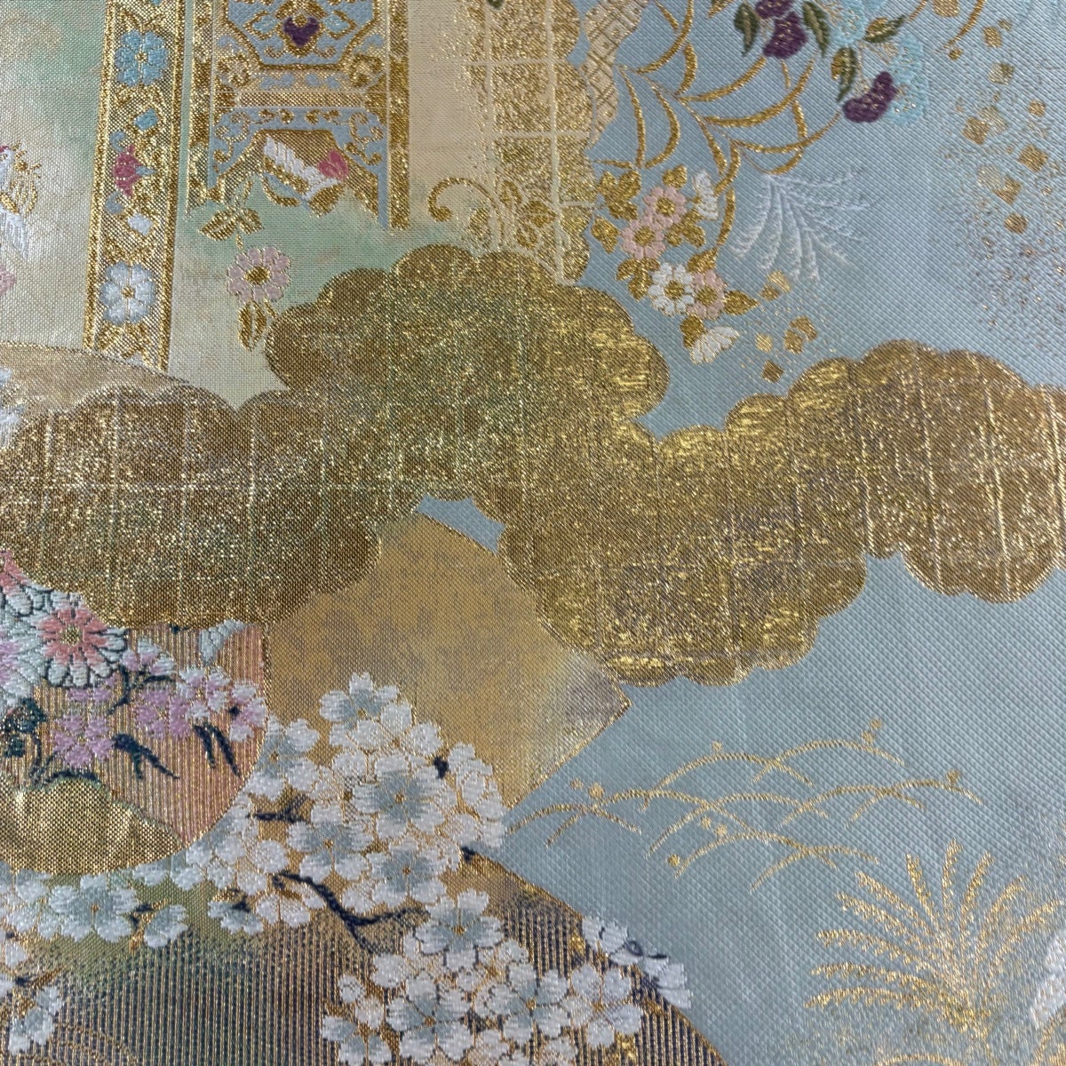 袋帯 秀品 格天井 草花 箔 金糸 青灰色 正絹｜中古・古着・リサイクル