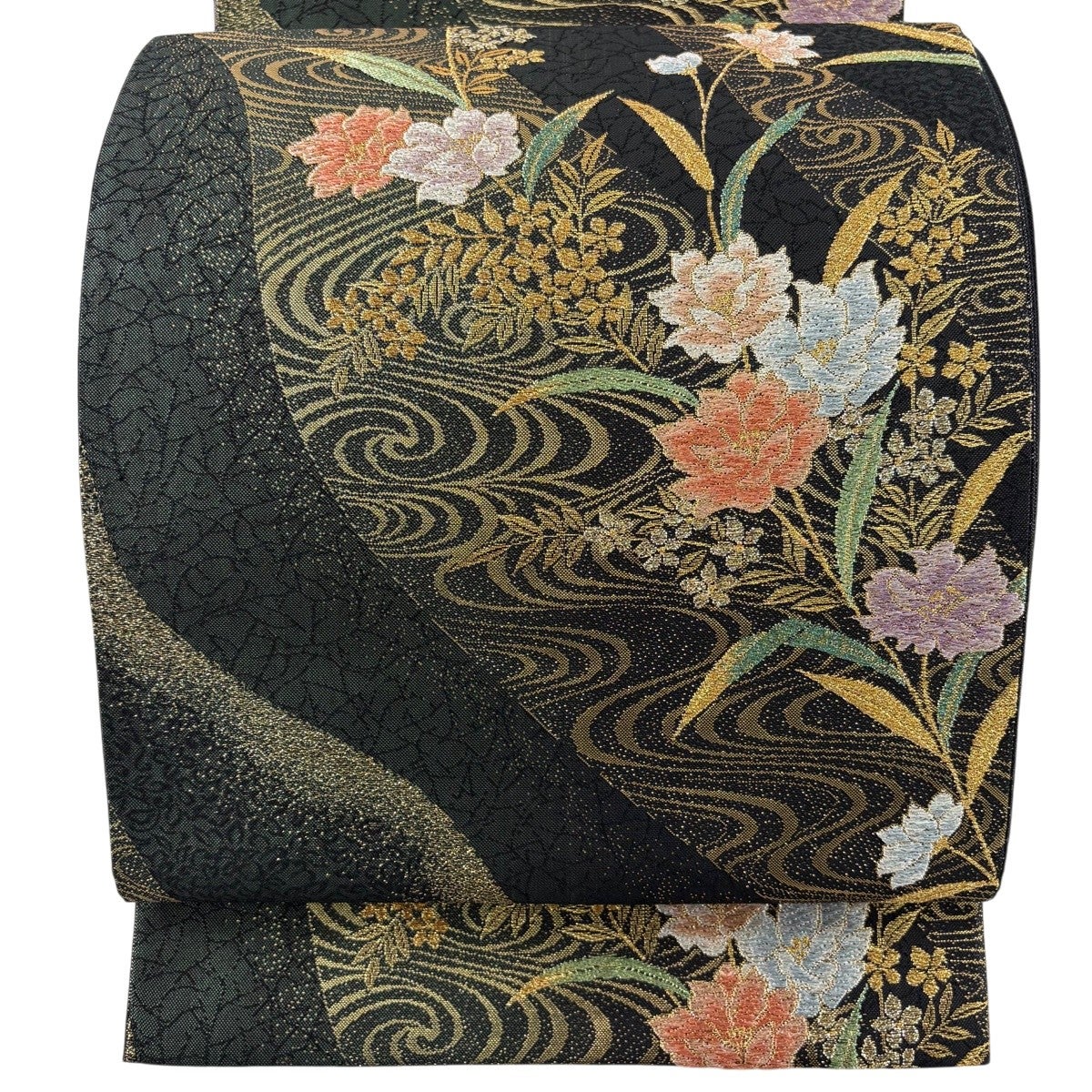 美品】 袋帯 秀品 草花 流水 金糸 箔 深緑 六通 正絹｜中古・古着