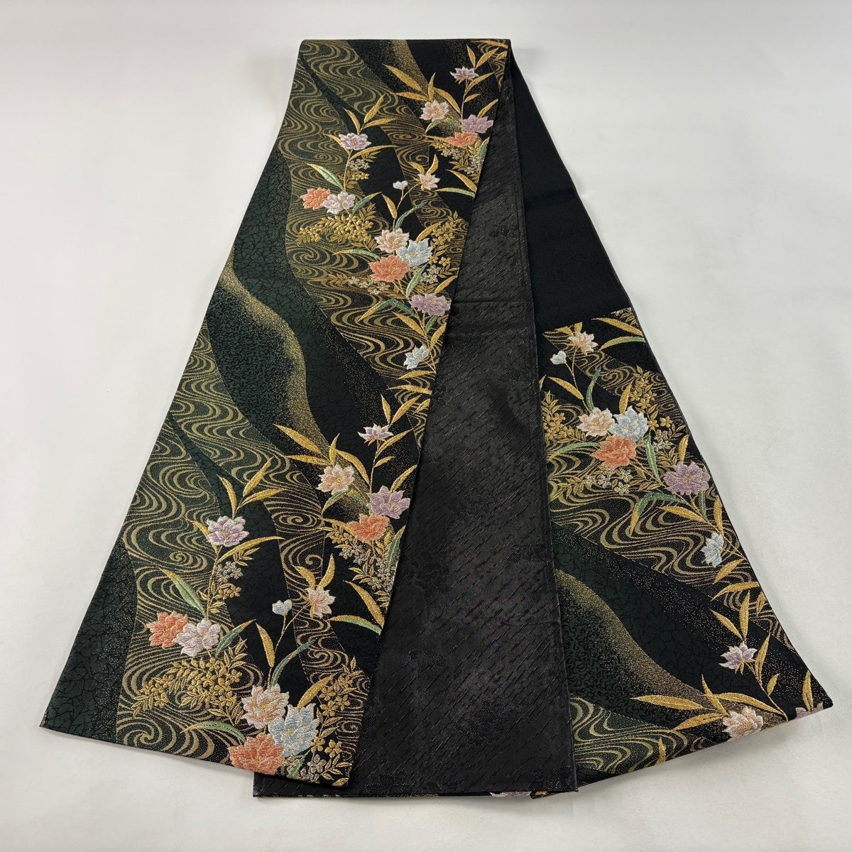 美品】 袋帯 秀品 草花 流水 金糸 箔 深緑 六通 正絹｜中古・古着
