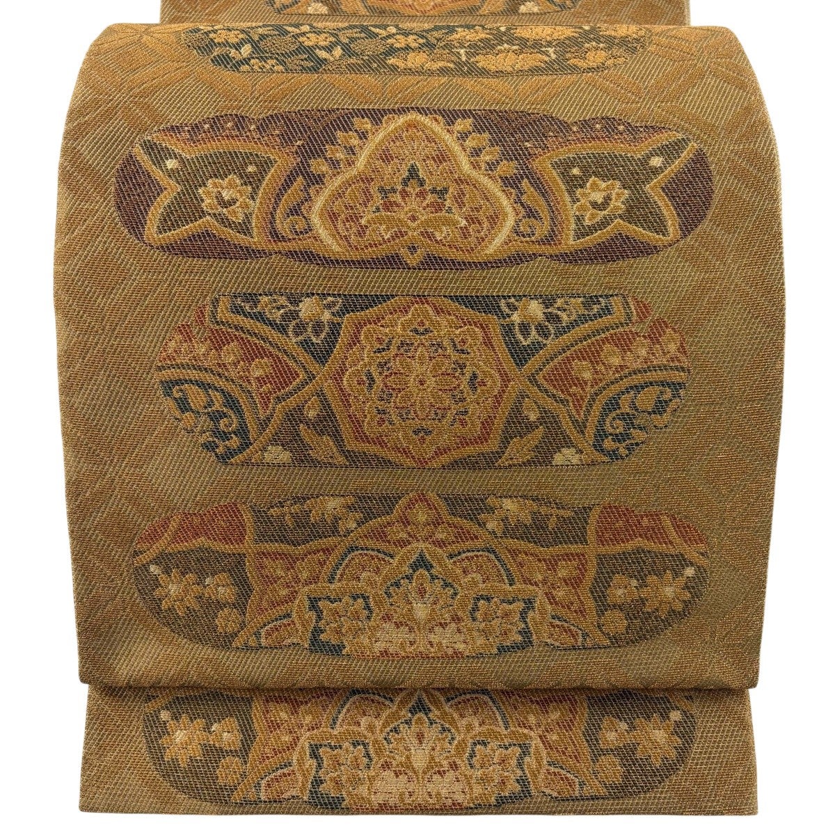 美品】 袋帯 逸品 華文 相良刺繍 金糸 薄茶色 六通 正絹｜中古・古着
