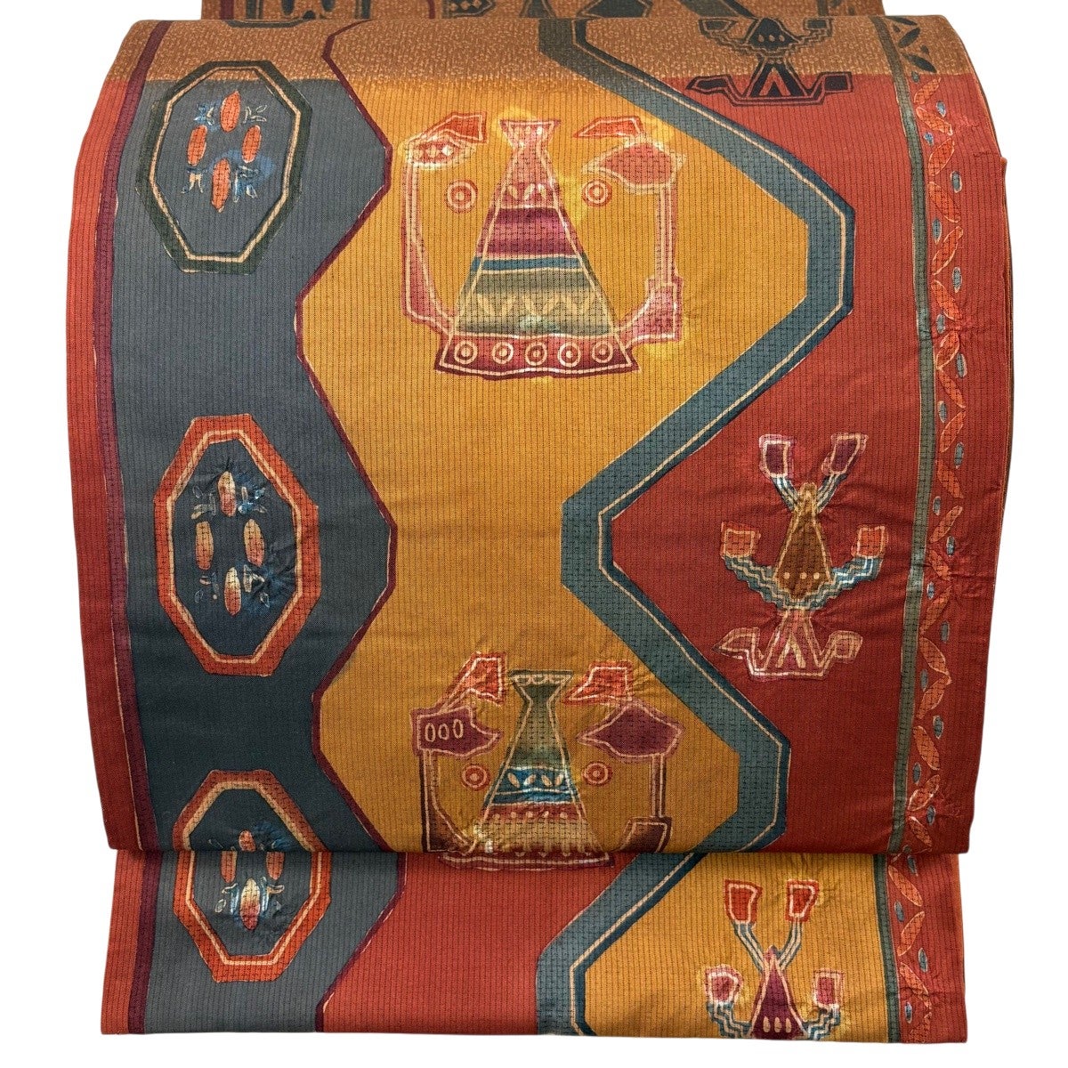 袋帯 秀品 幾何学模様 もみ泥彩箔 赤茶 六通 正絹｜中古・古着 