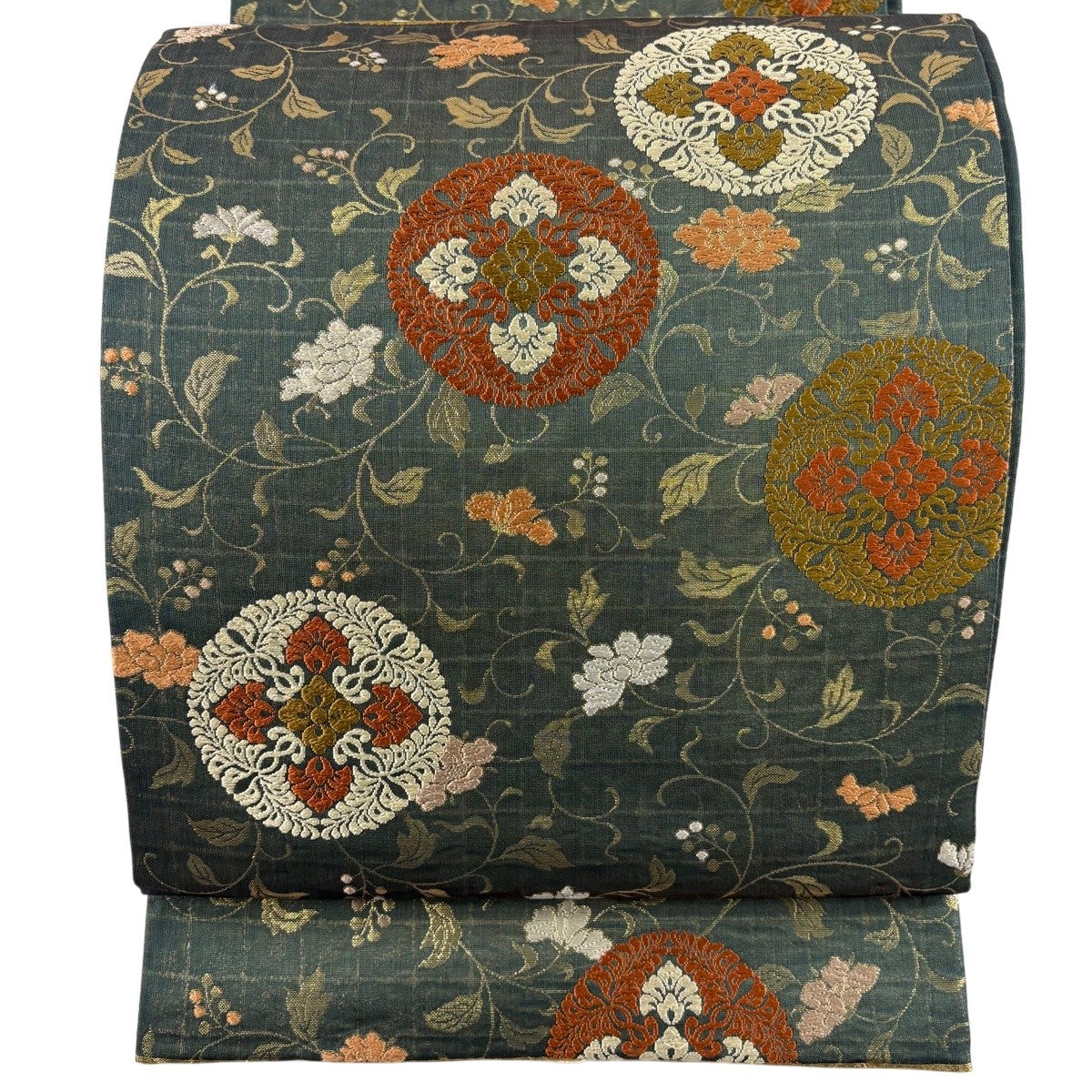 美品】 袋帯 秀品 華文 花唐草 箔 深緑 六通 正絹｜中古・古着