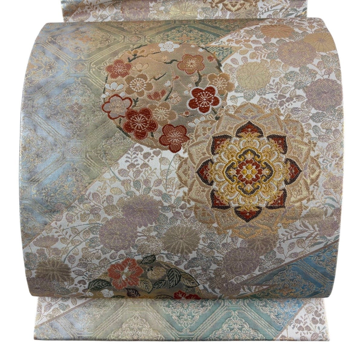 袋帯 美品 秀品 華文 尾長鳥 唐織 箔 金色 六通 正絹 【中古】 袋帯 秀