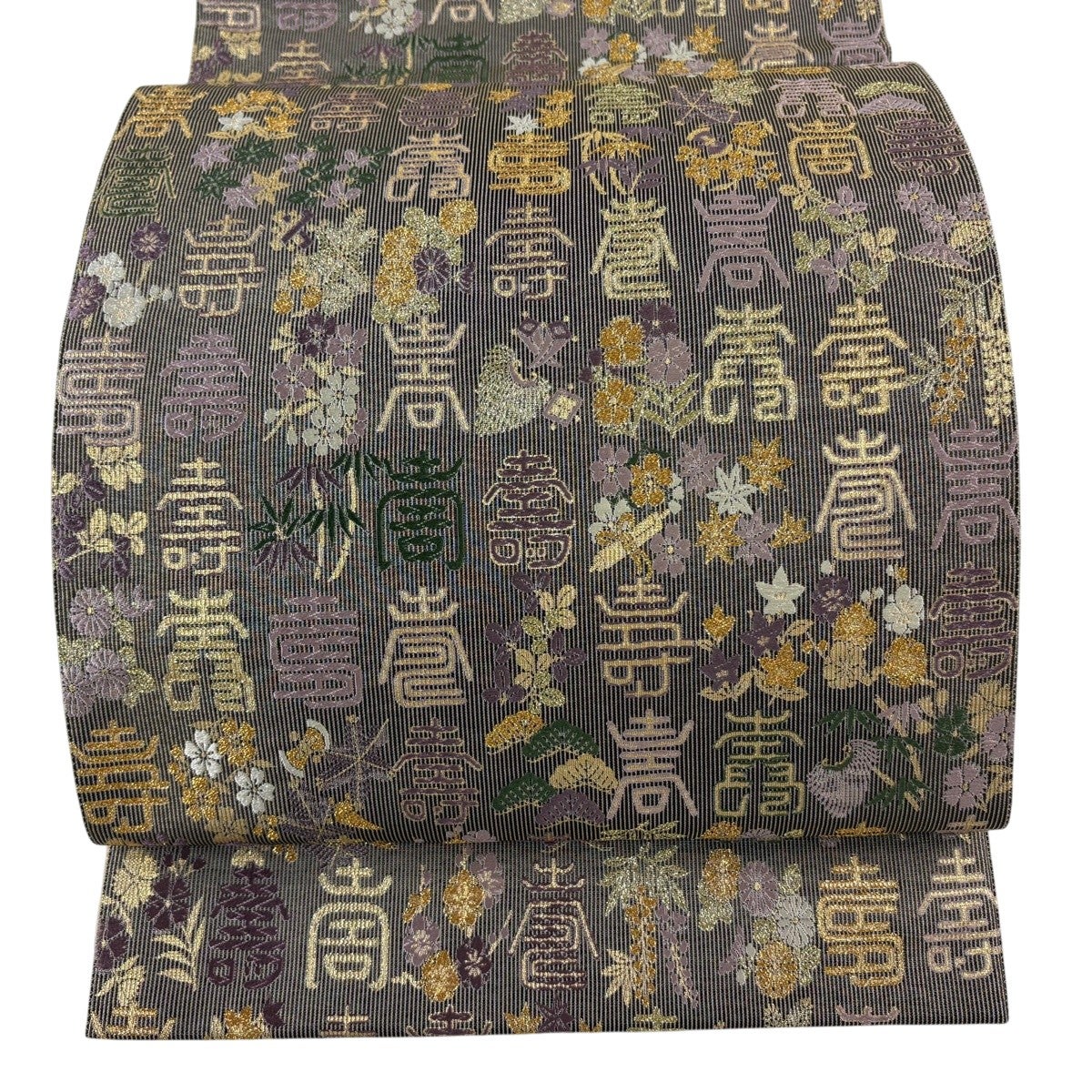 袋帯 秀品 やまと 桜 縞 金糸 箔 紫 六通 正絹｜中古・古着