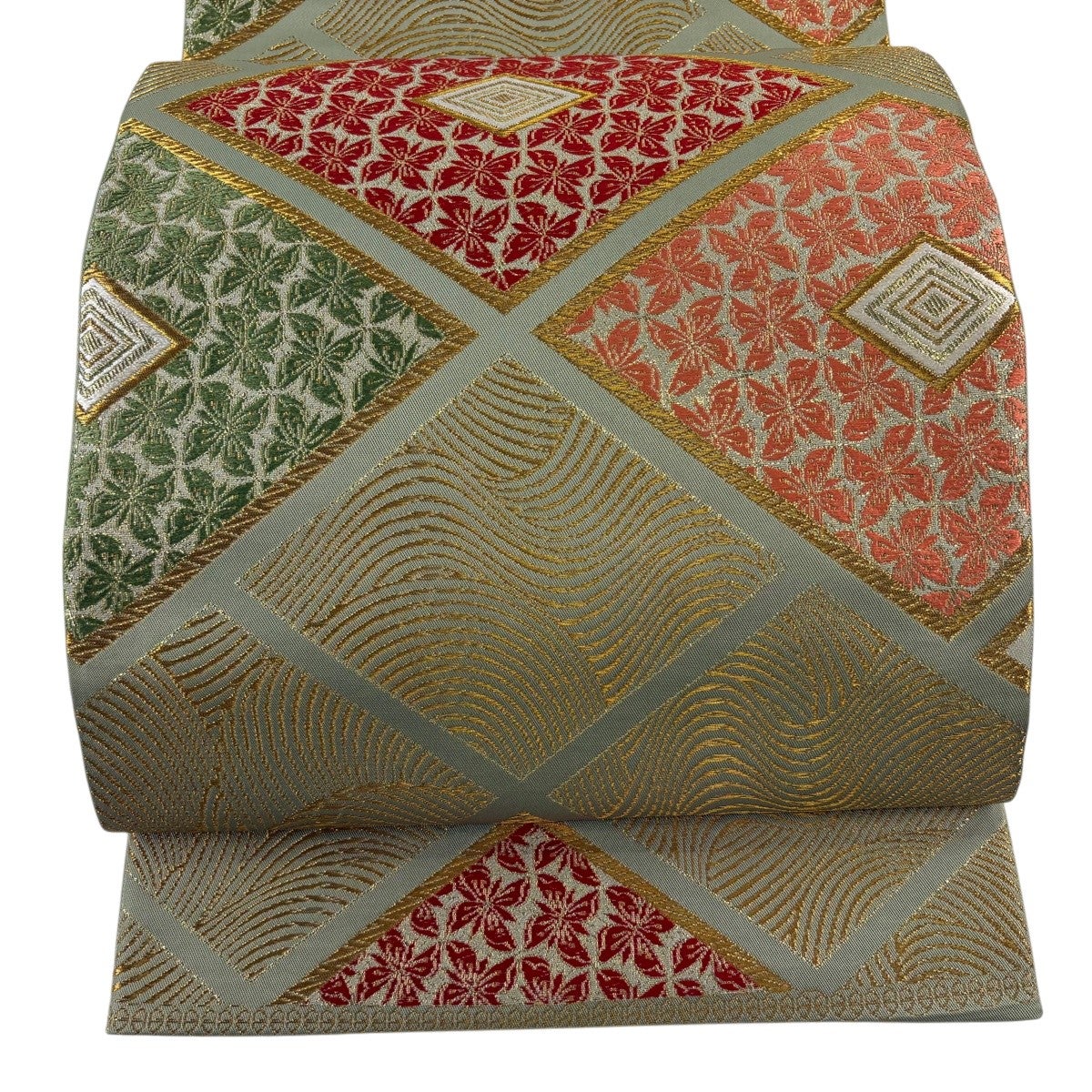 美品】 袋帯 名品 本袋 桐竹鳳凰紋 段縞模様 金糸 銀糸 青灰色 全通