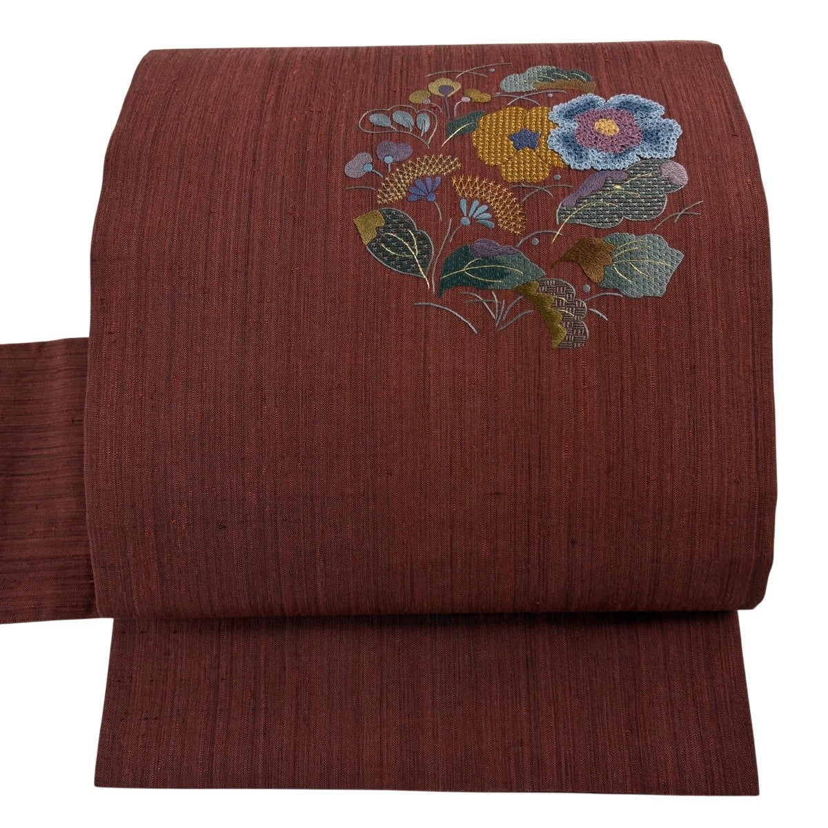 美品】 名古屋帯 秀品 紬地 草花 芝 金糸 相良刺繍 赤茶 正絹｜中古