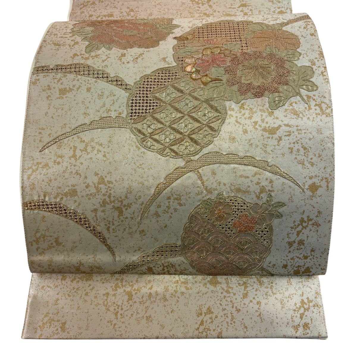袋帯 秀品 雪輪 草花 螺鈿 箔 ピンクベージュ お太鼓柄 正絹｜中古