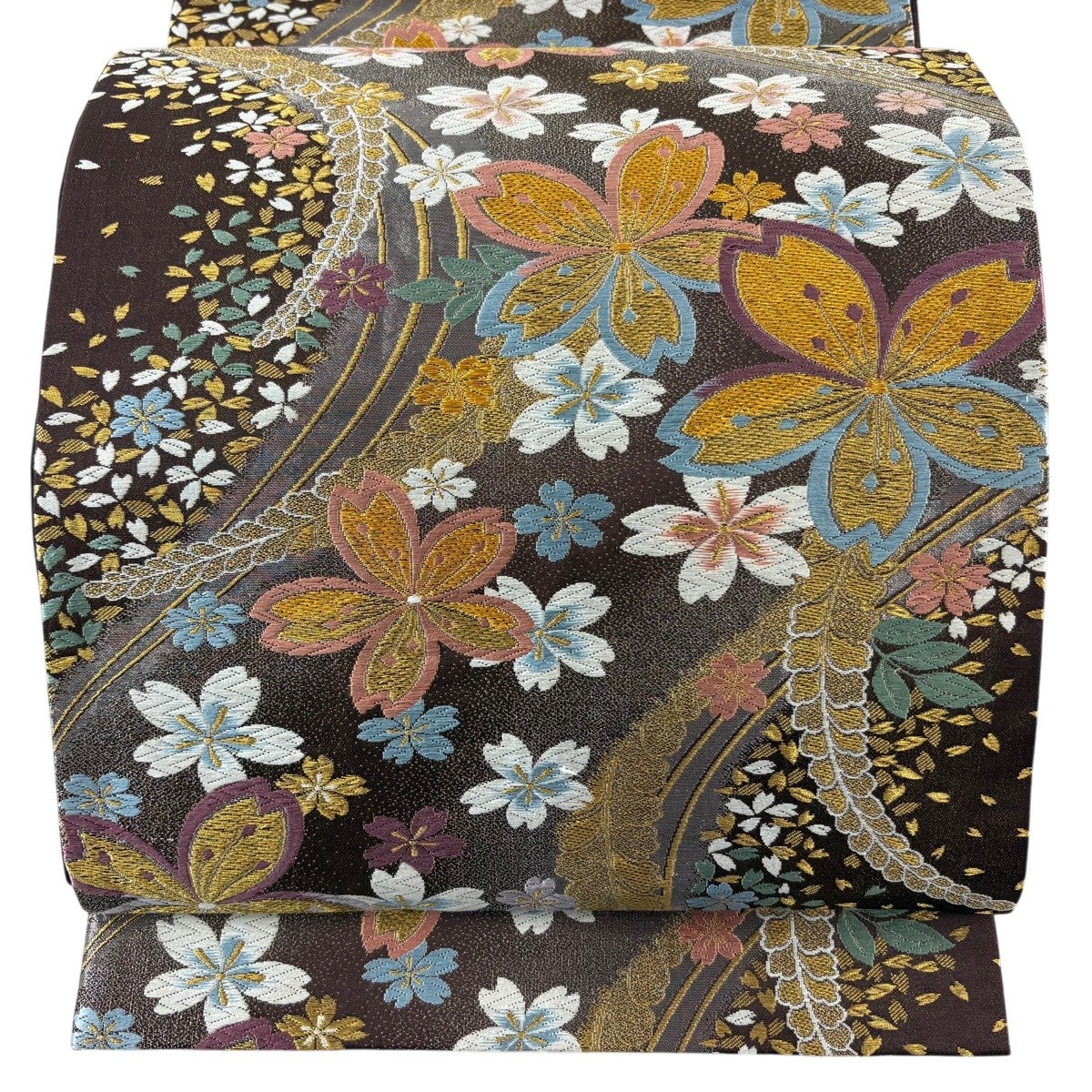 美品】 袋帯 秀品 菊 桜 箔 唐織 青灰色 六通 正絹｜中古・古着