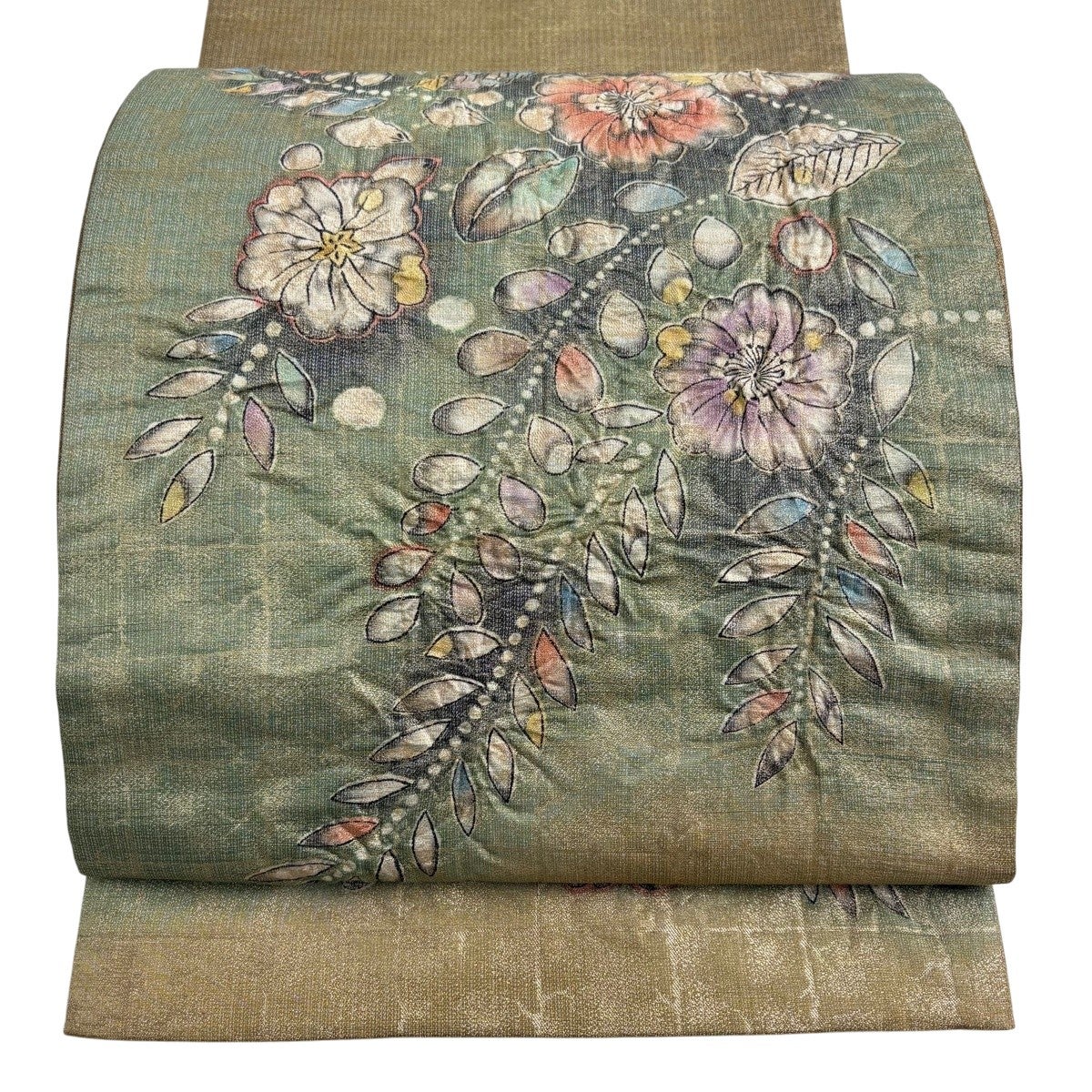 袋帯 名品 落款あり 辻ヶ花 格子 箔 ぼかし 灰緑 お太鼓柄 正絹｜中古