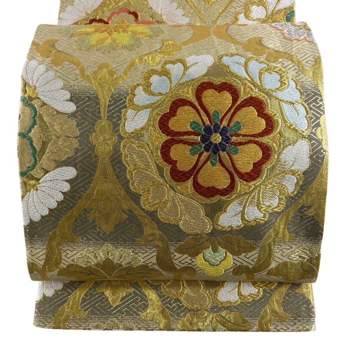 50%OFF 袋帯 秀品 花唐草 道長取 金銀糸 箔 金色 六通 正絹 K50｜中古