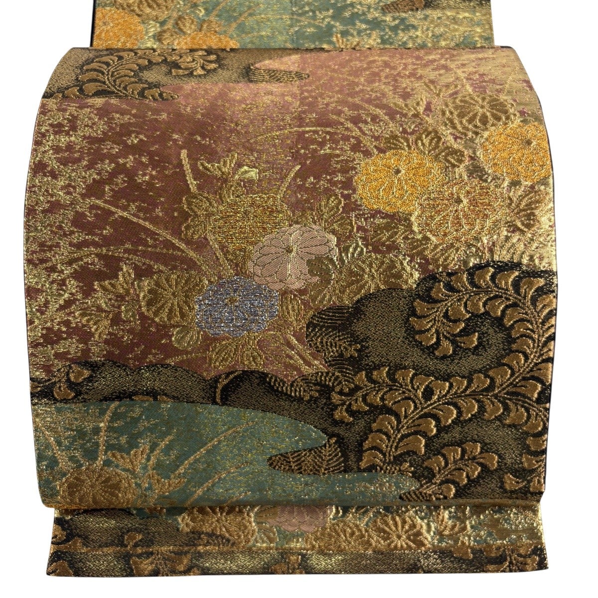 美品】 袋帯 秀品 鈴乃屋 桜 梅 箔 銀色 六通 正絹｜中古・古着