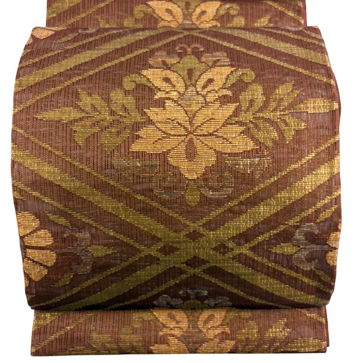 美品】 袋帯 秀品 夏帯 花唐草 菱 箔 山吹茶色 六通 正絹｜中古・古着
