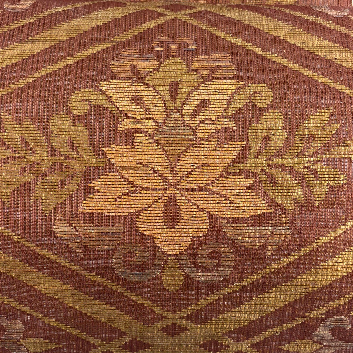 美品】 袋帯 秀品 夏帯 花唐草 菱 箔 山吹茶色 六通 正絹｜中古・古着