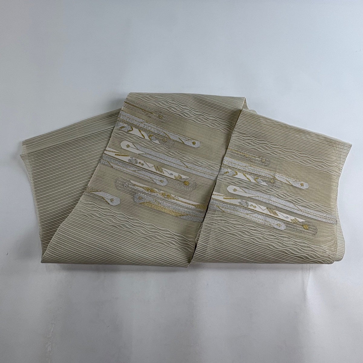 名古屋帯 秀品 夏帯 絽 八寸名古屋帯 霞 花 金銀糸 ベージュ 正絹