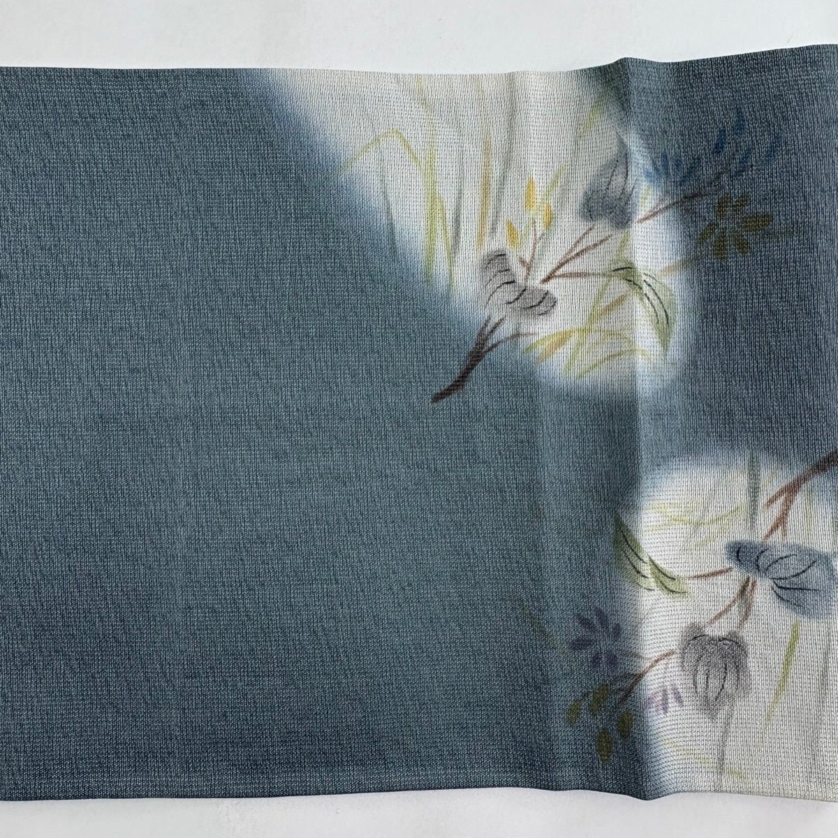 袋帯 秀品 夏帯 草花 霞 ぼかし 灰緑 お太鼓柄 正絹｜中古・古着