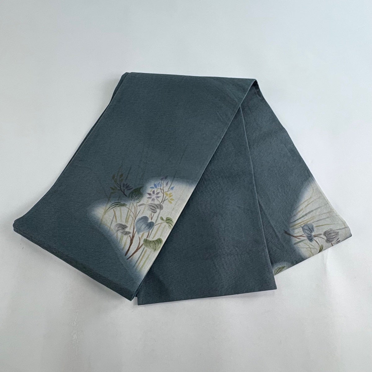 袋帯 秀品 夏帯 草花 霞 ぼかし 灰緑 お太鼓柄 正絹｜中古・古着