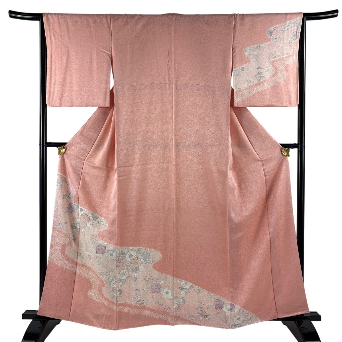 美品】 付下げ 身丈159cm 裄丈66cm M 袷 草花 霞 絞り 刺繍 ピンク