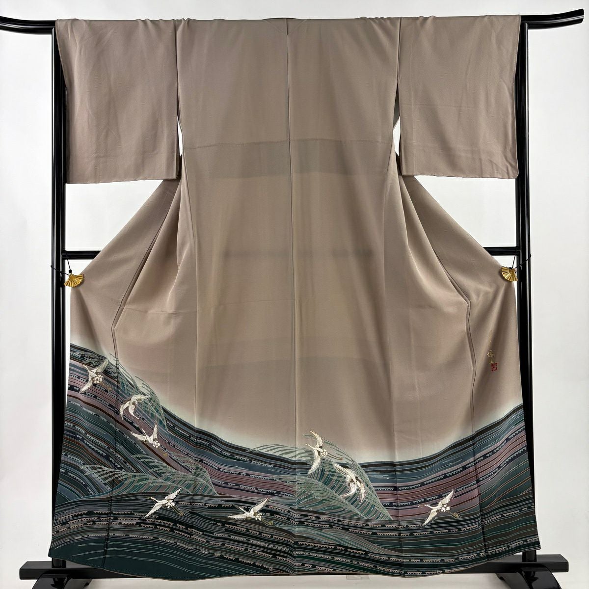 色留袖 身丈159cm 裄丈65cm M 袷 屏風 鶴 金彩 ぼかし 濃紫 正絹 秀品