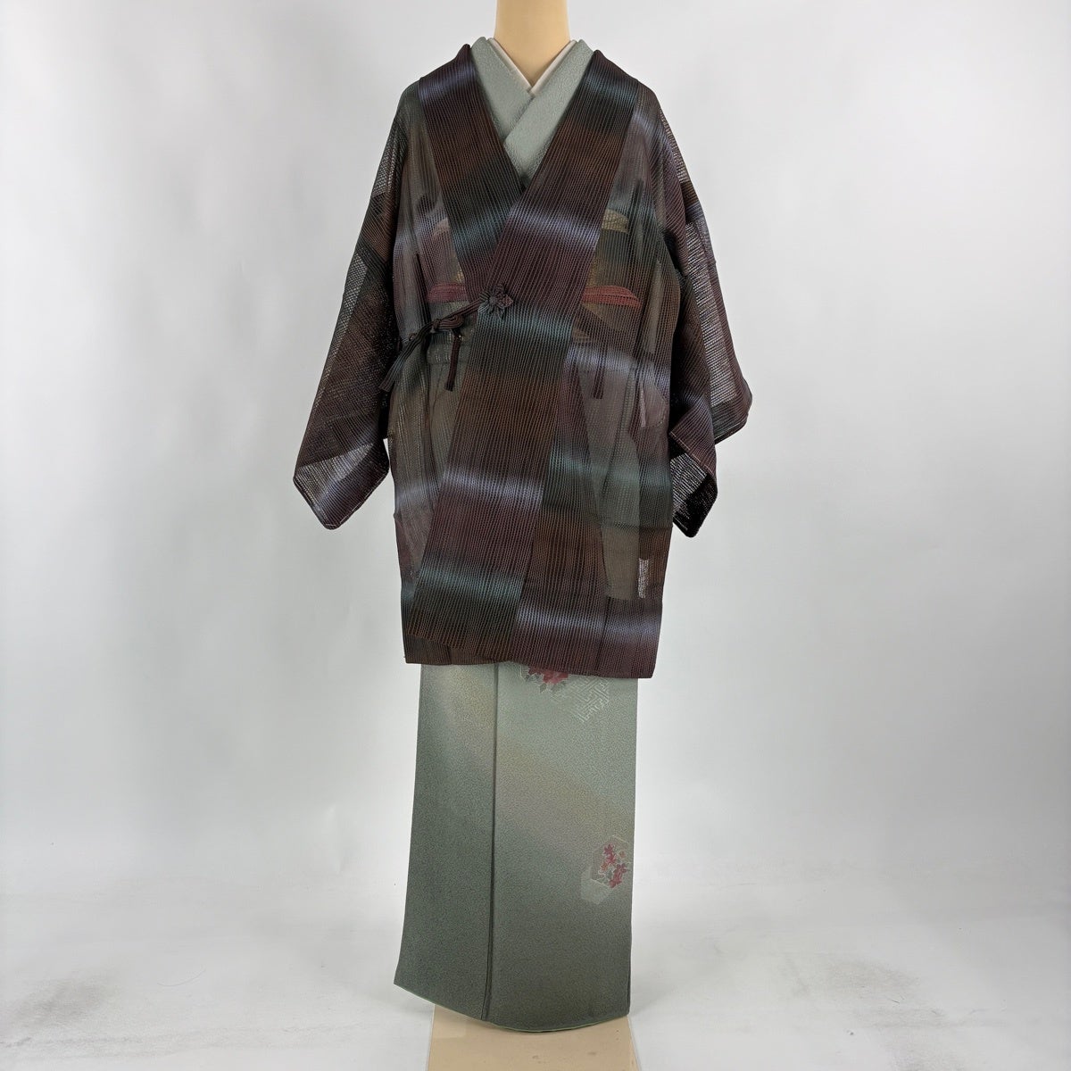 美品】 道中着 身丈91.5cm 裄丈63cm S 和装コート 段縞 ぼかし 茶色