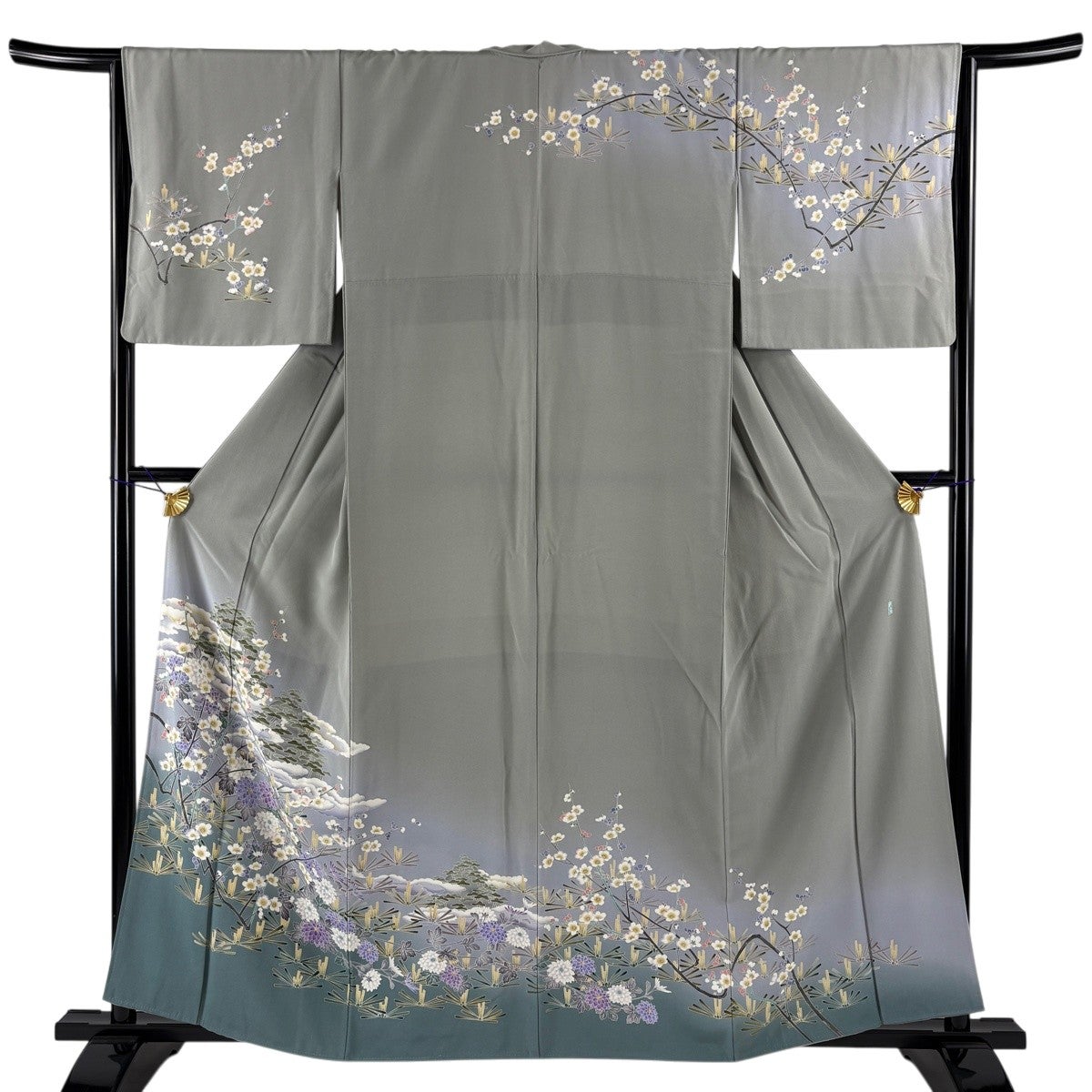 逸品 未使用 さが美謹製 落款有 正絹 訪問着 身丈158cm 暈し 一つ紋 訪問着 身丈158cm 裄丈64.5cm M 袷 落款あり 松 菊 ぼかし 灰緑 正絹