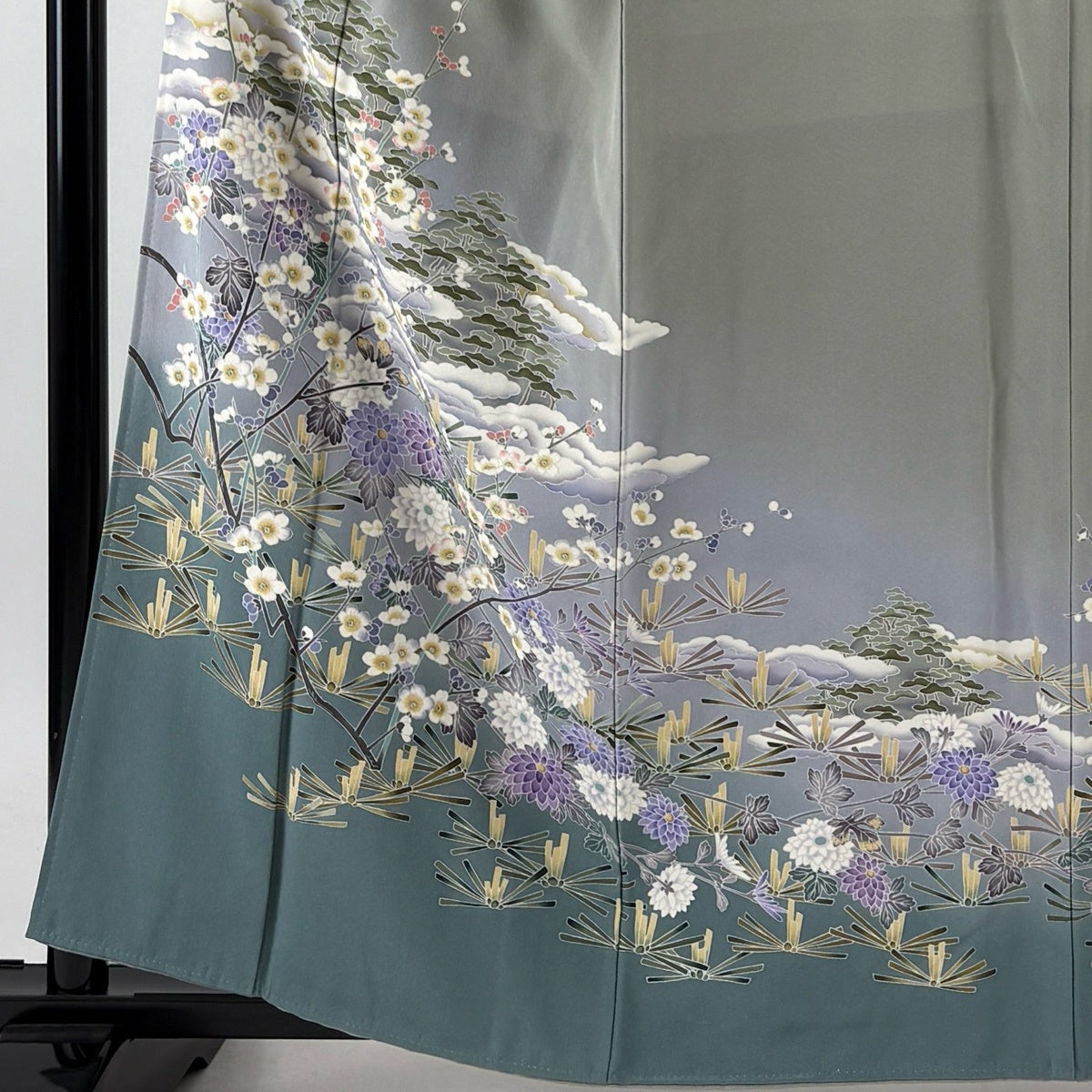 訪問着 身丈158cm 裄丈64.5cm M 袷 落款あり 松 菊 ぼかし 灰緑 正絹