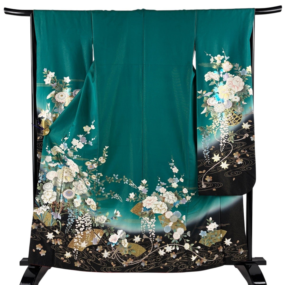 振袖 身丈163cm 裄丈65cm M 袷 花車 流水 金銀彩 金通し 緑 正絹 秀品