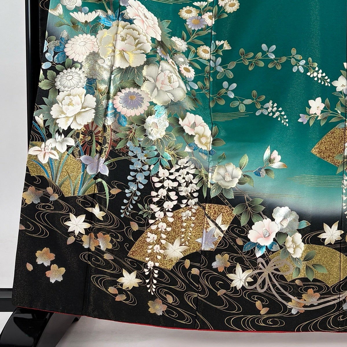 振袖 身丈163cm 裄丈65cm M 袷 花車 流水 金銀彩 金通し 緑 正絹 秀品