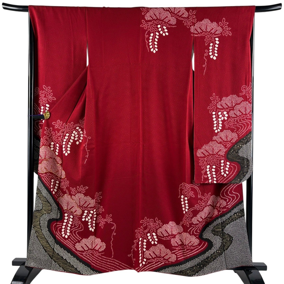 振袖 身丈155.5cm 裄丈63cm S 袷 笠松 波 絞り 金銀彩 赤 正絹 秀品