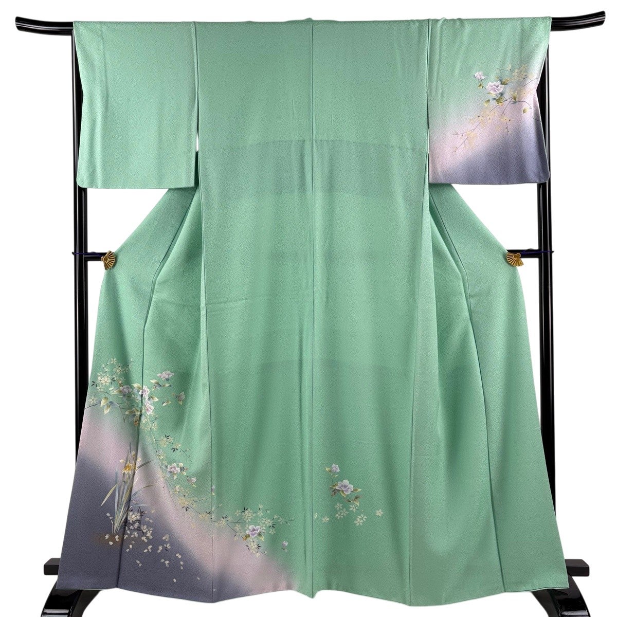 訪問着 身丈162.5cm 裄丈66cm M 袷 扇面 草花 金彩 ぼかし 薄緑 正絹