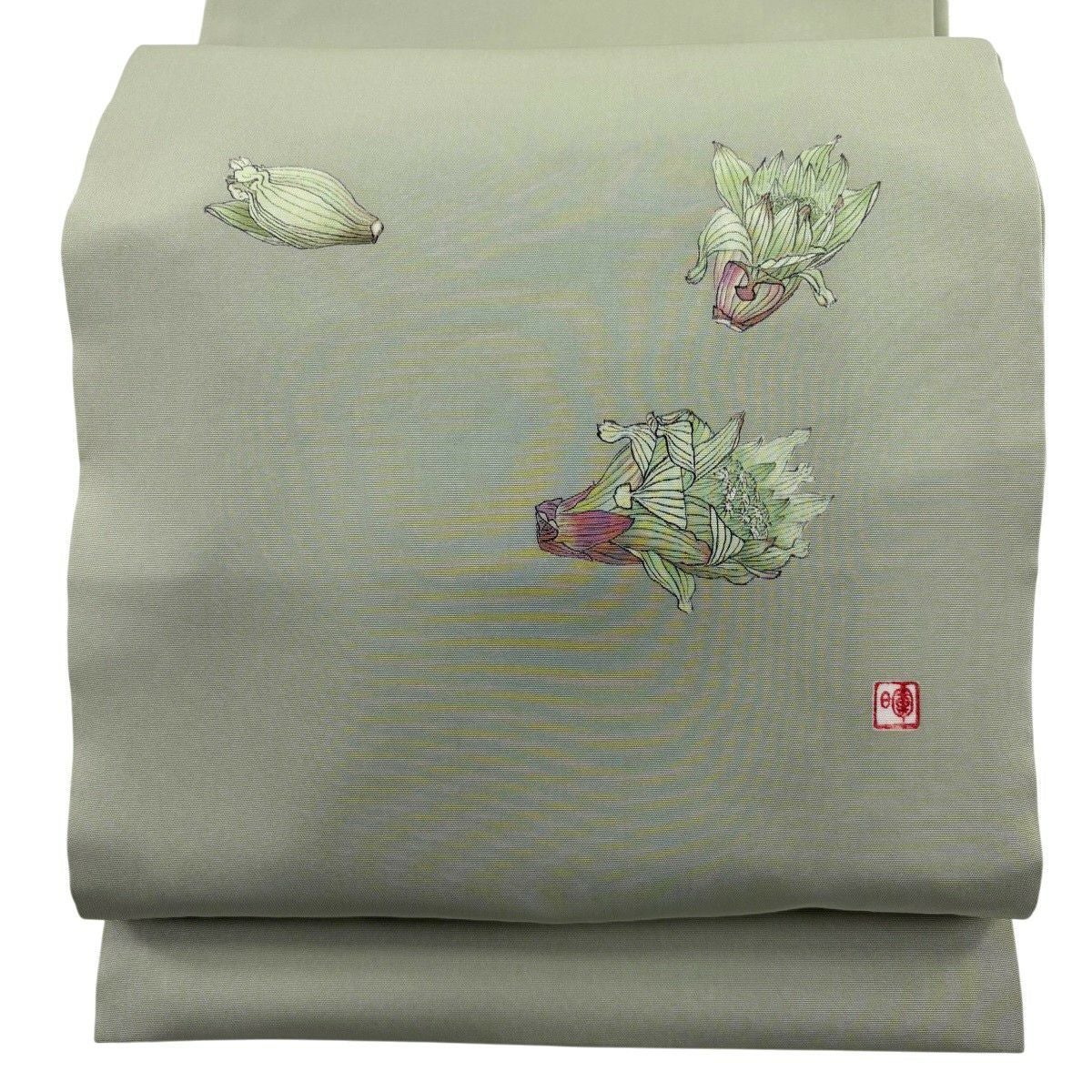 美品】 開き名古屋帯 秀品 落款あり 鈴乃屋 ふきのとう 灰緑 正絹