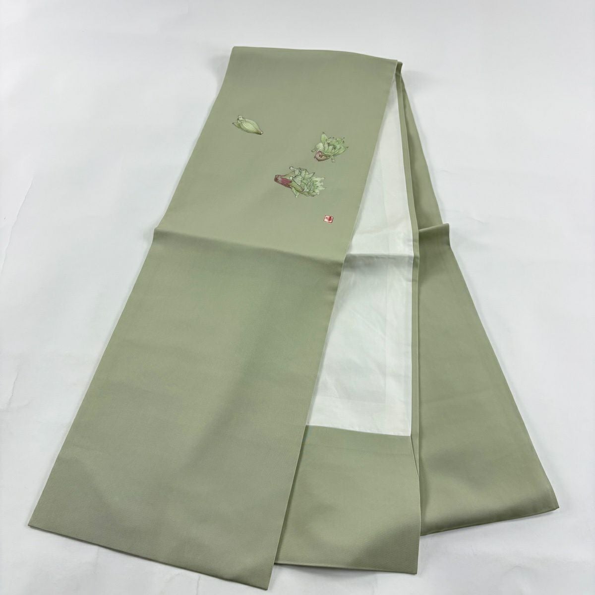 美品】 開き名古屋帯 秀品 落款あり 鈴乃屋 ふきのとう 灰緑 正絹
