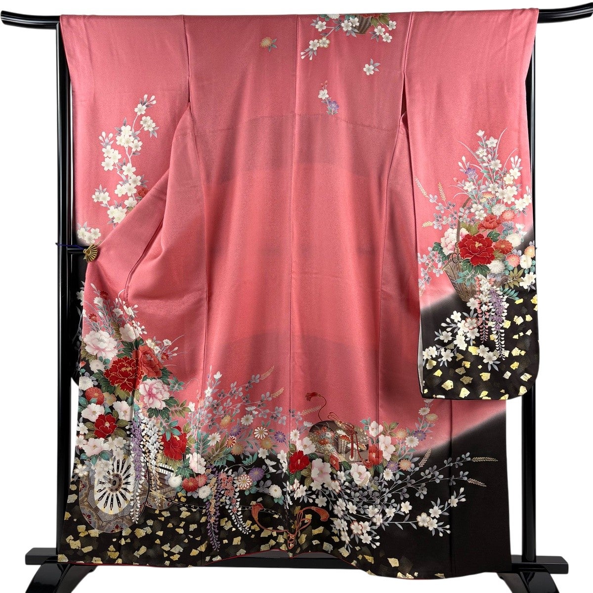 振袖 身丈157cm 裄丈67cm M 袷 花車 牡丹 金糸 金銀彩 ピンク 正絹 秀