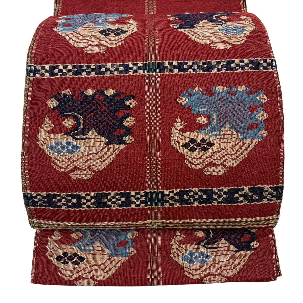 美品】 袋帯 逸品 龍村平蔵 落款あり 甲比丹孔雀 金銀糸 赤 お太鼓柄
