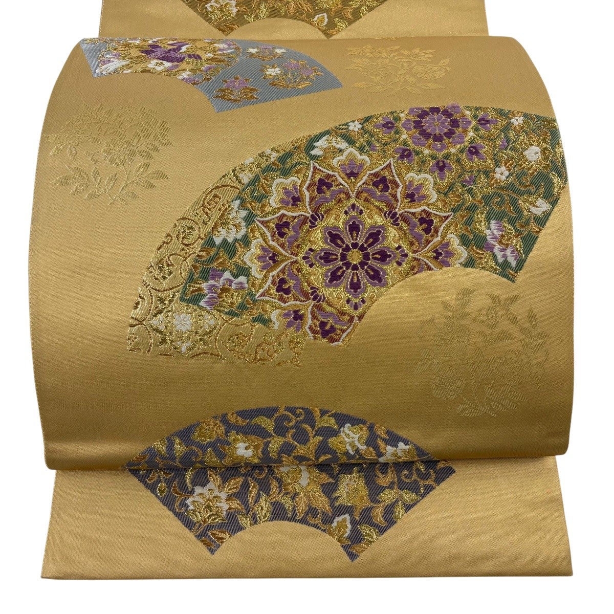 美品】 袋帯 逸品 じゅらく 落款あり 帝王紫 扇面 華文 金糸 箔