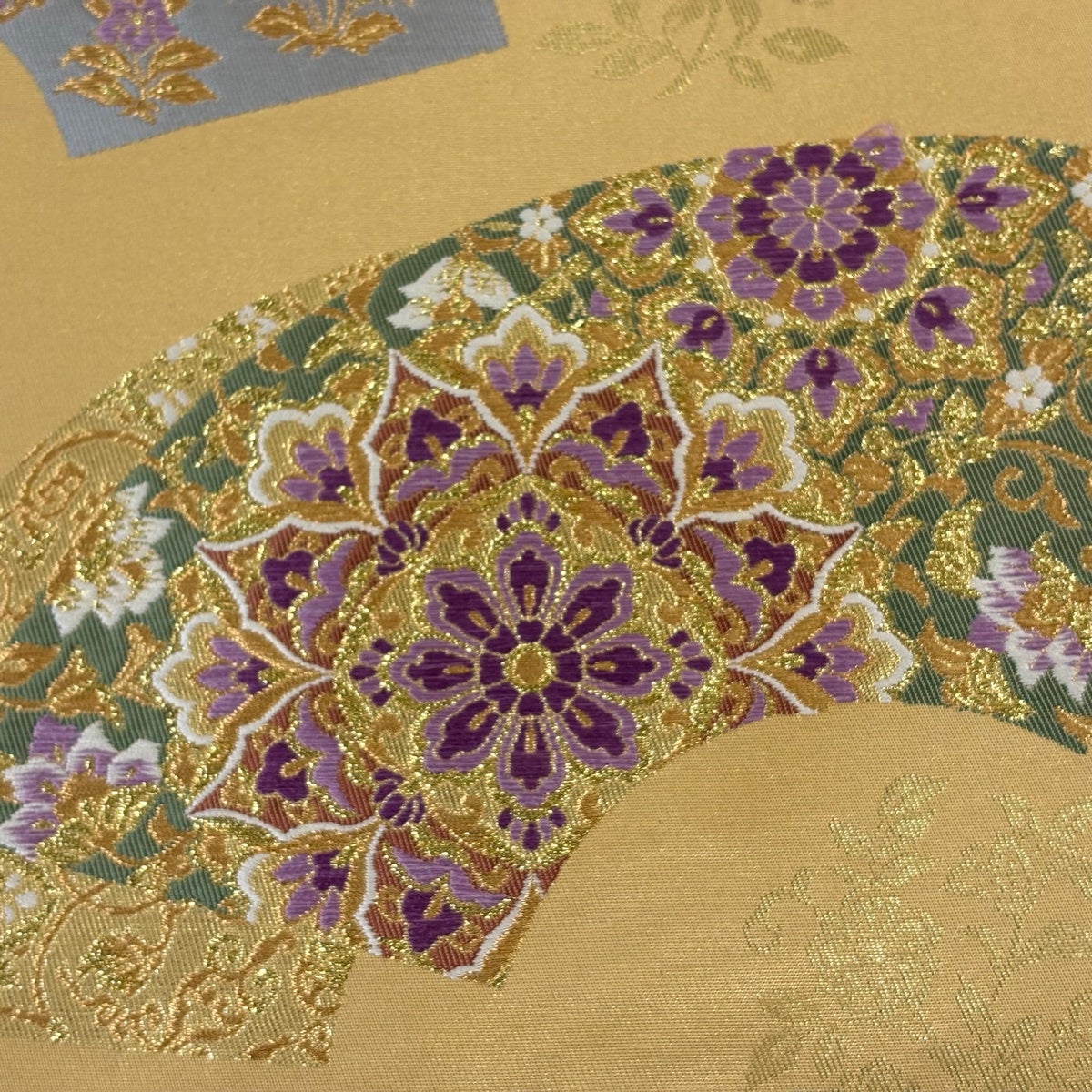 美品】 袋帯 逸品 じゅらく 落款あり 帝王紫 扇面 華文 金糸 箔