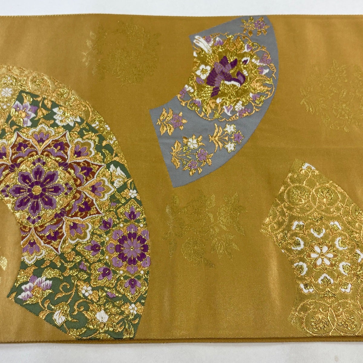 美品】 袋帯 逸品 じゅらく 落款あり 帝王紫 扇面 華文 金糸 箔