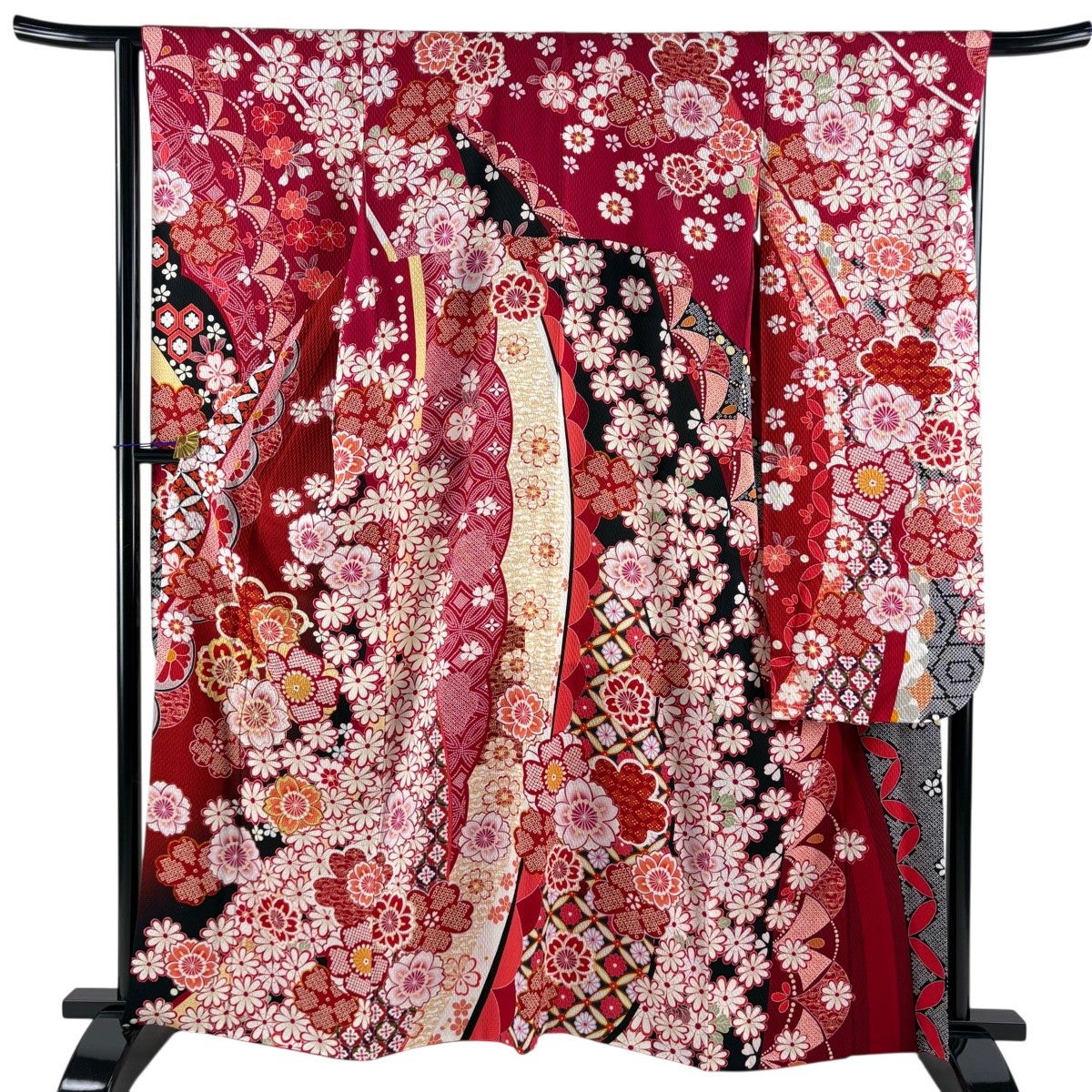 振袖 身丈163cm 裄丈65cm M 袷 桜 金彩 ラメ 赤 正絹 名品｜中古・古着