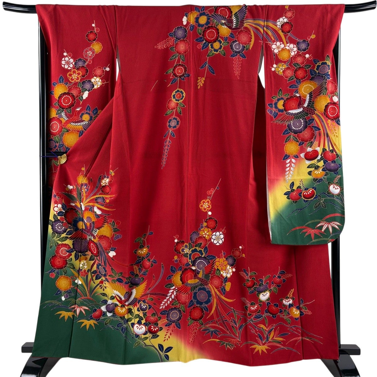 美品】 振袖 身丈163cm 裄丈68.5cm L 袷 梅 尾長鳥 ぼかし 縮緬 赤