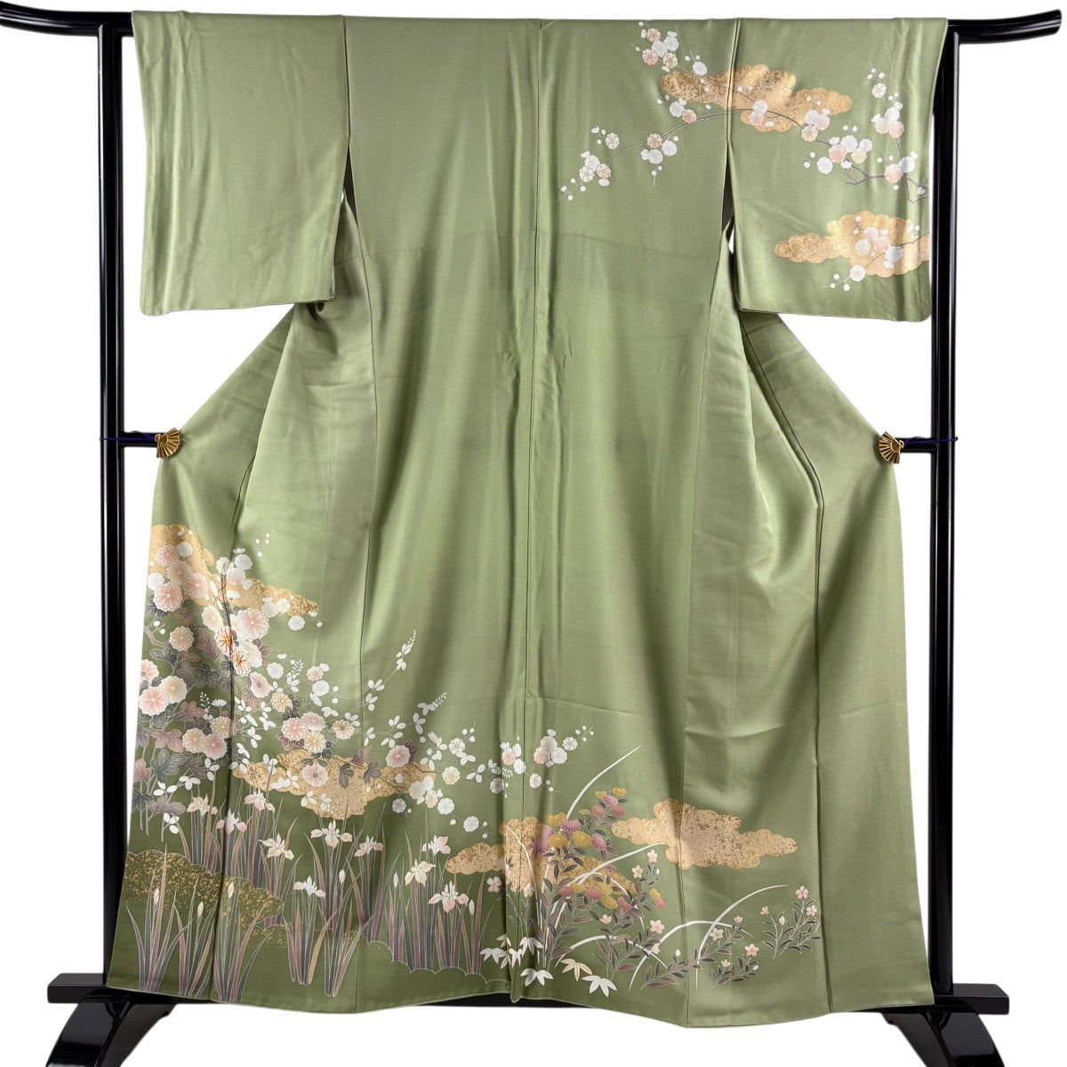 訪問着 身丈158cm 裄丈63cm S 袷 菊 雲文 金糸 金彩 薄緑 正絹 名品