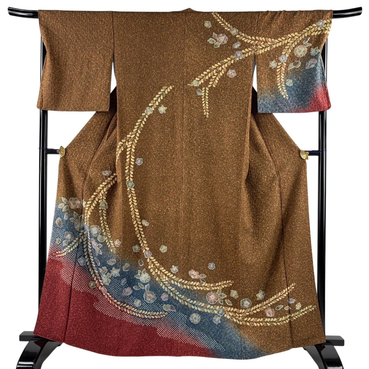 訪問着 身丈164cm 裄丈68cm L 袷 草花 絞り ぼかし 山吹茶色 正絹 名品
