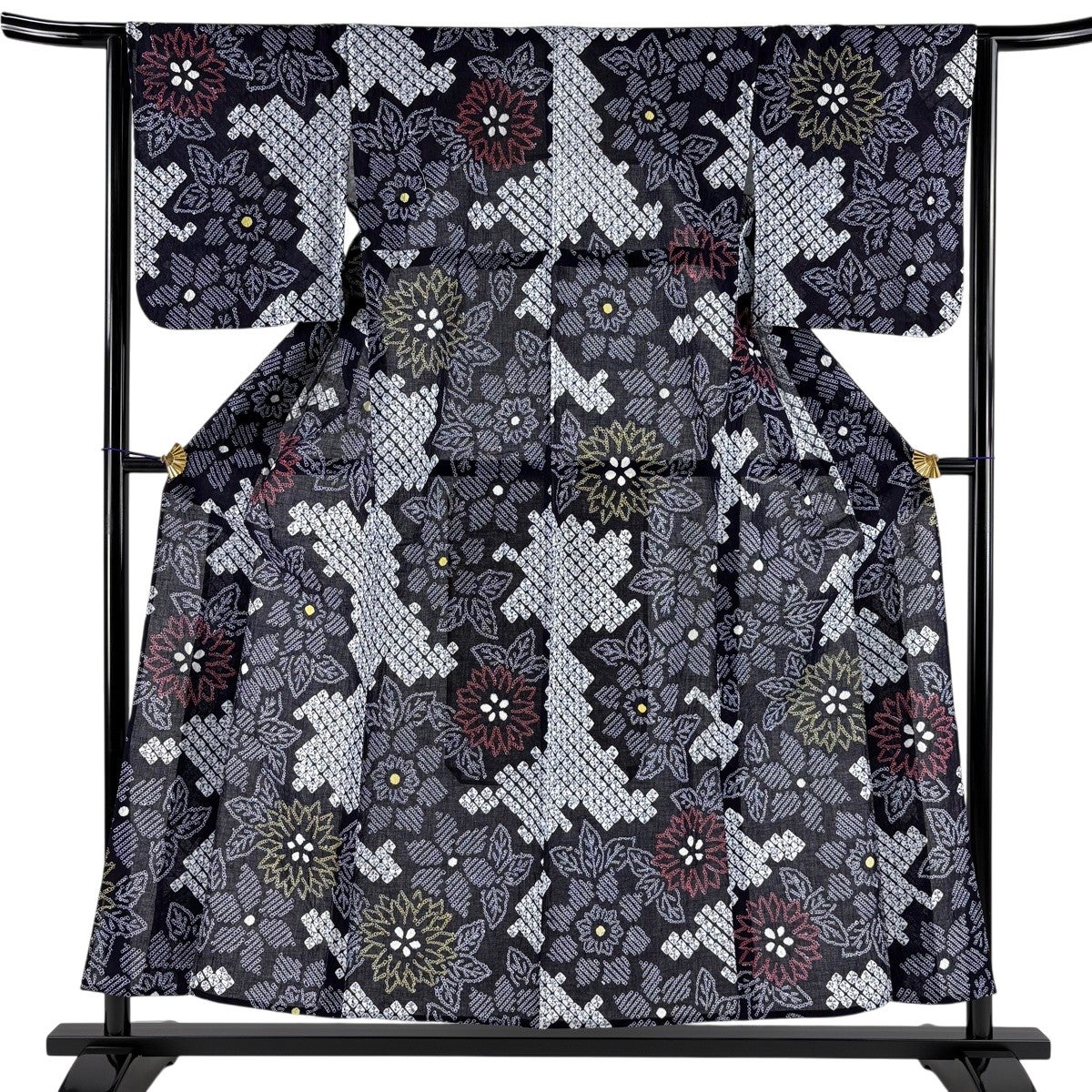 美品】 浴衣 身丈155cm 裄丈63.5cm S 絞り浴衣 草花 濃紺 綿 名品