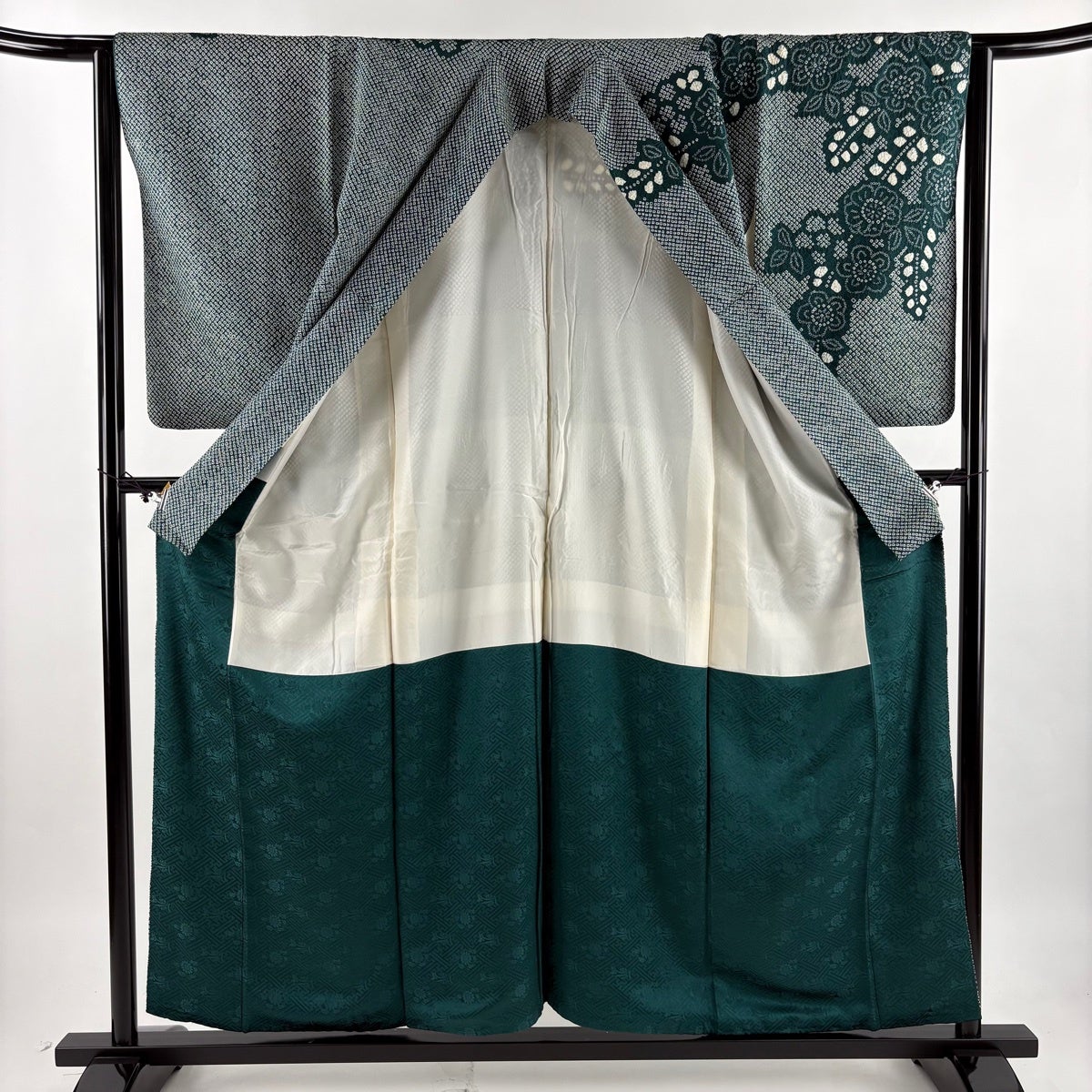 訪問着 身丈156.5cm 裄丈62cm S 袷 草花 総絞り 深緑 正絹 秀品｜中古