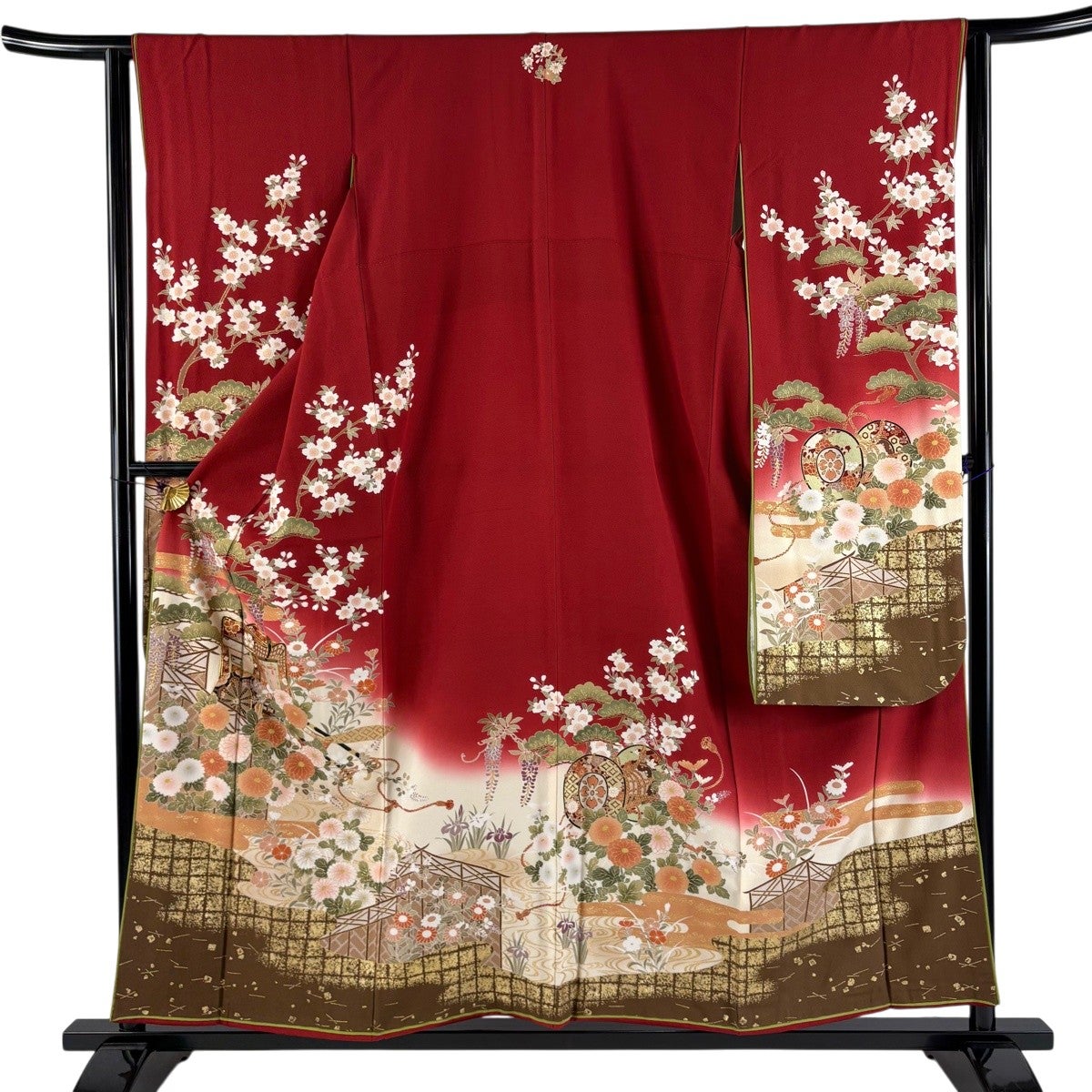 美品】 振袖 身丈172cm 裄丈71.5cm L 袷 桜 波 金糸 金彩 青紫 正絹
