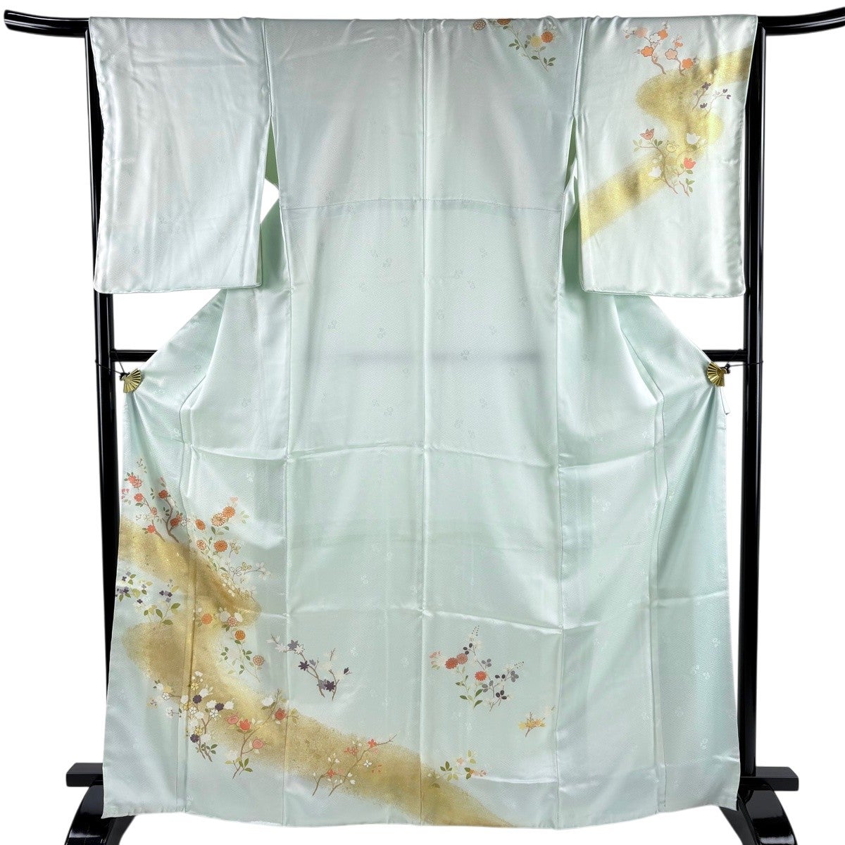 訪問着 身丈169cm 裄丈66.5cm M 袷 草花 絞り 薄緑 正絹 秀品｜中古