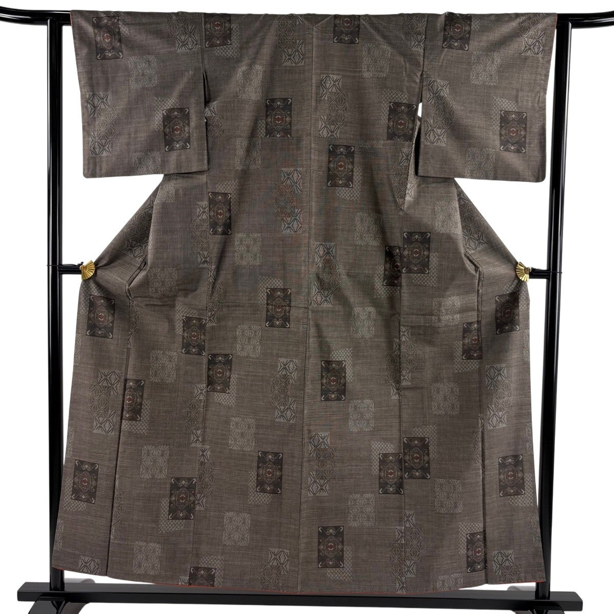 30%OFF 紬 身丈155cm 裄丈62cm S 袷 麻の葉 短冊 6 焦茶色 正絹 秀品