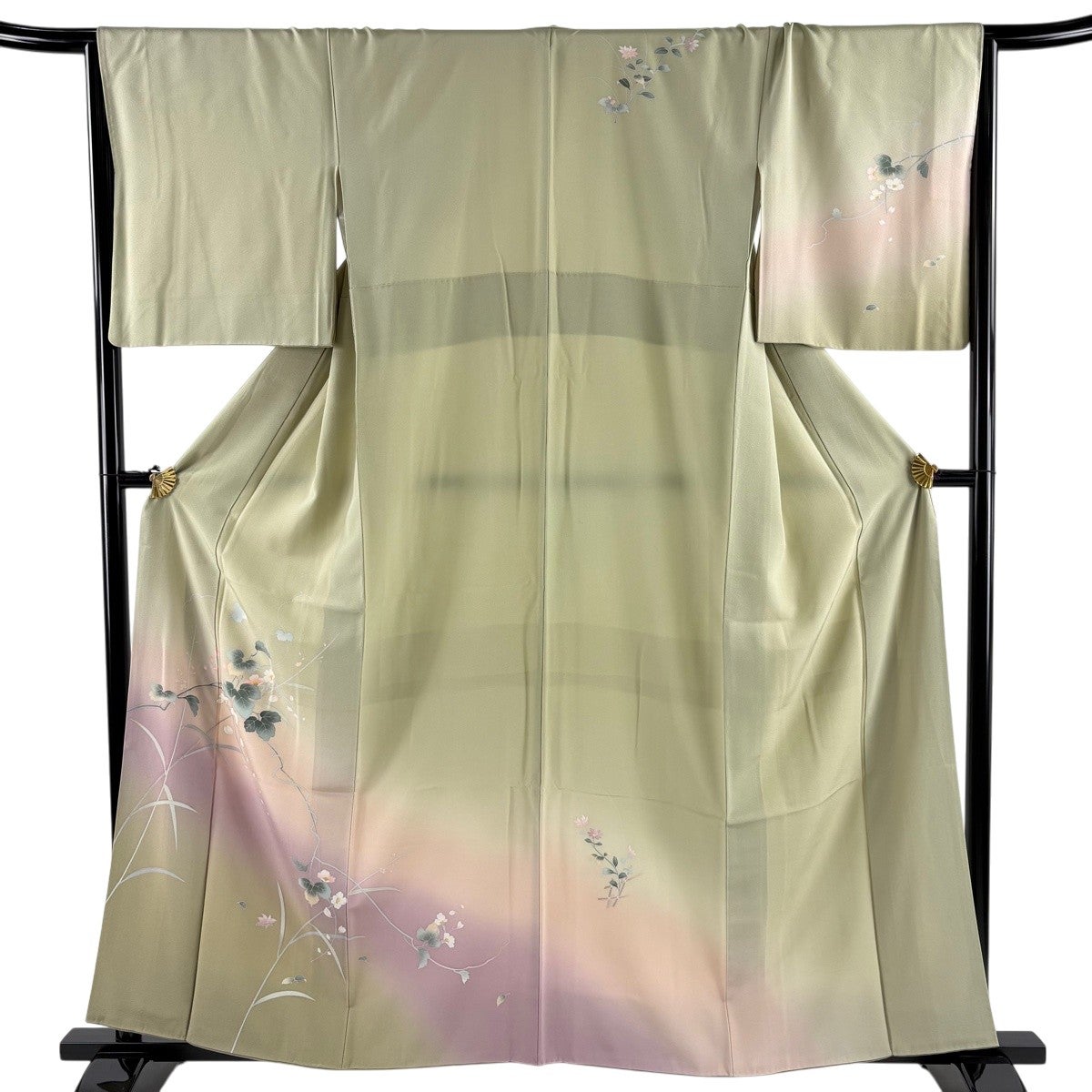 訪問着 身丈158.5cm 裄丈63.5cm S 袷 草花 金彩 抹茶色 正絹 秀品