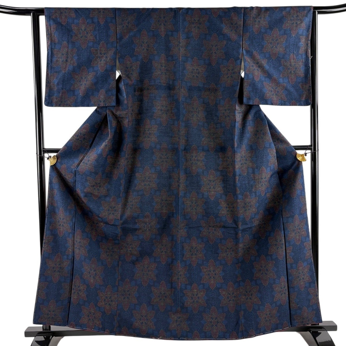 美品】 紬 身丈164cm 裄丈63.5cm S 袷 幾何学模様 藍色 正絹 秀品 一つ